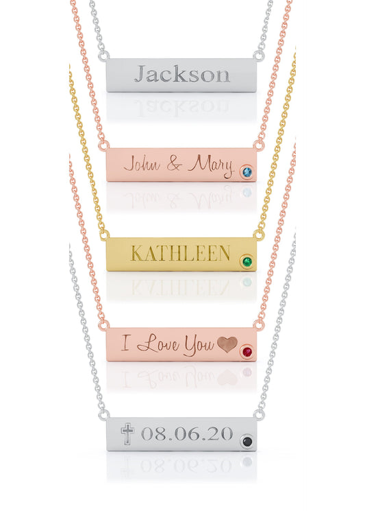 0.03Ct Gemstone Engravable Bar Necklace, 17"-18" in 14K Gold