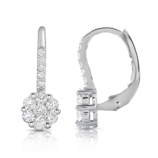 0.90Ct Diamond Cluster Leverback Earrings in 14K White Gold