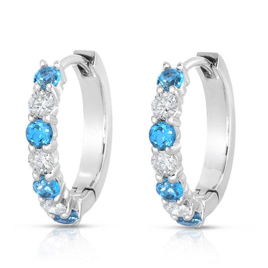 Blue Topaz & 0.45Ct Diamond Hoop Earrings in 14K White Gold