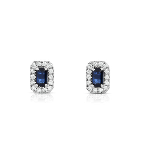 Blue Sapphire and 0.25Ct Diamond Emerald Shape Earrings in 14K White Gold