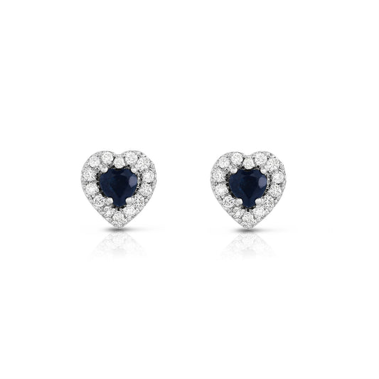 Blue Sapphire and 0.25Ct Diamond Heart Shape Earrings in 14K White Gold