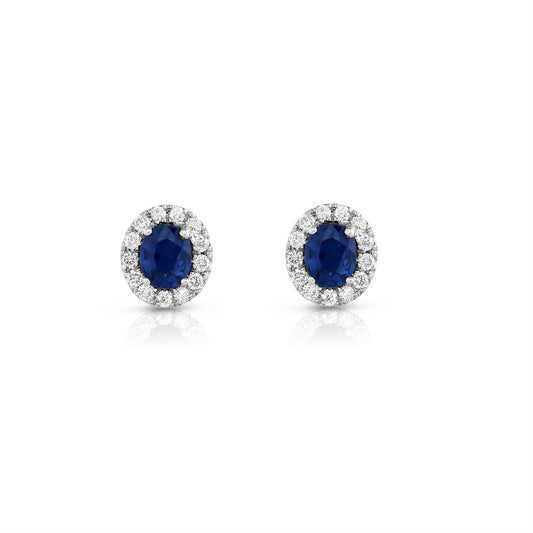 Blue Sapphire and 0.25Ct Diamond Oval Shape Earrings in 14K White Gold
