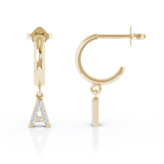 Diamond Alphabet Initial Charm Huggie Earrings Sold As Half Pair in 14K Gold