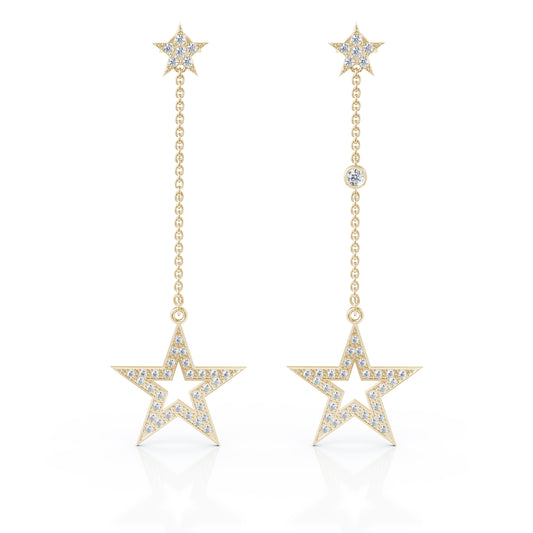 0.75Ct Diamond Star Mismatched Drop Chain Earrings in 14K Gold