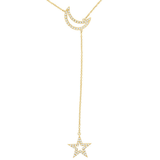 0.55Ct Diamond Star & Moon Necklace, 18"-20" in 14K Gold