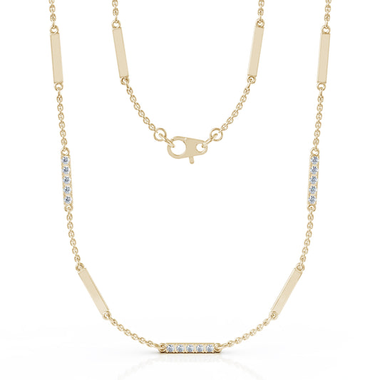 0.55Ct Diamond & Gold Bar Chain Station Necklace, 26" in 14K Gold