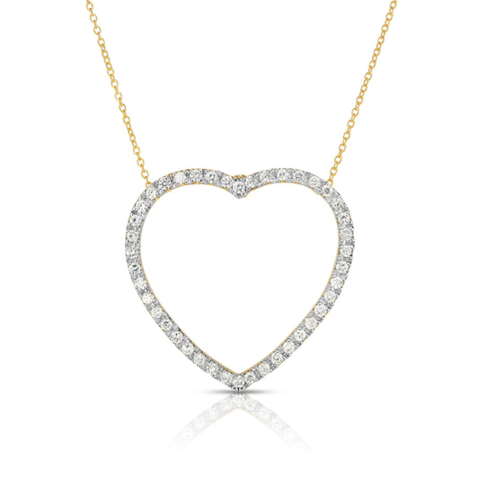 0.90Ct Diamond Large Heart Necklace, 18" Gold Chain in 14K Gold
