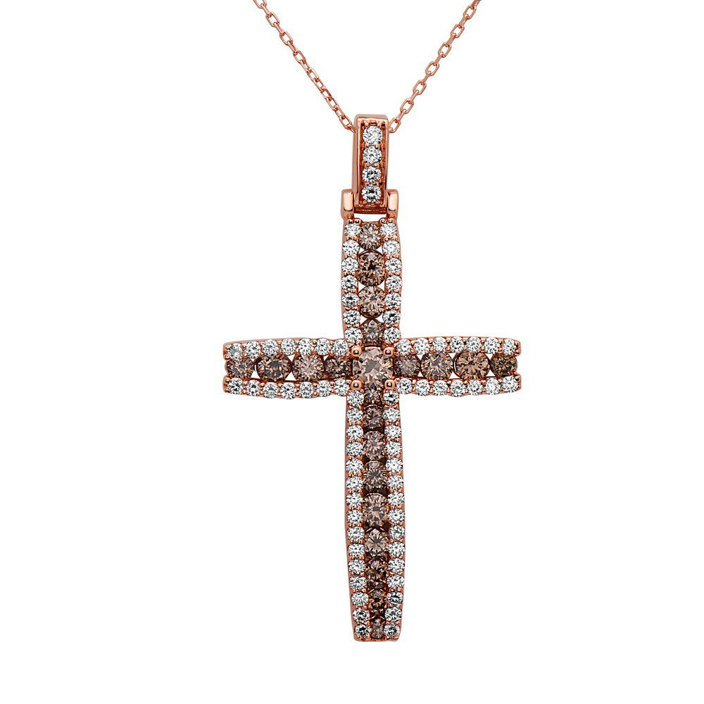 3.40Cttw Champagne & White Diamond Cross Pendant in 14K Rose Gold