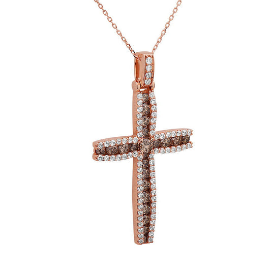 3.40Cttw Champagne & White Diamond Cross Pendant in 14K Rose Gold