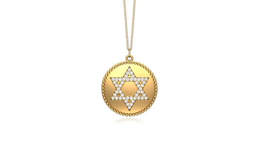 0.24Ct Diamond David's Star Disc Pendant, 18" Gold Chain in 14K Gold