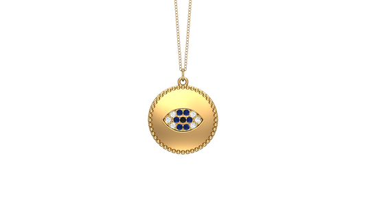0.10Ct Diamond Evil Eye Disc Pendant, 18" Gold Chain in 14K Gold