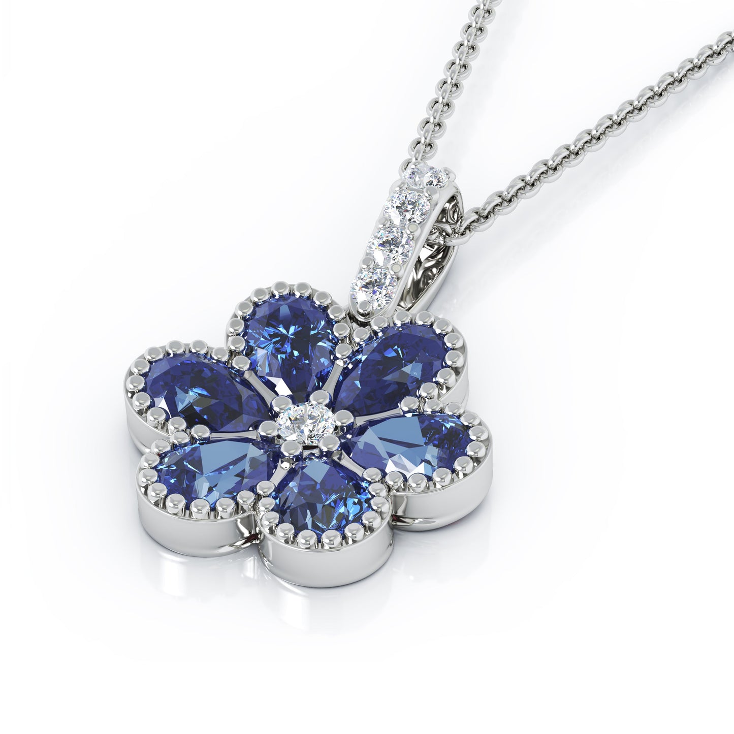 14K Gold Gemstone & Diamond Flower Pendant, 18" Gold Chain