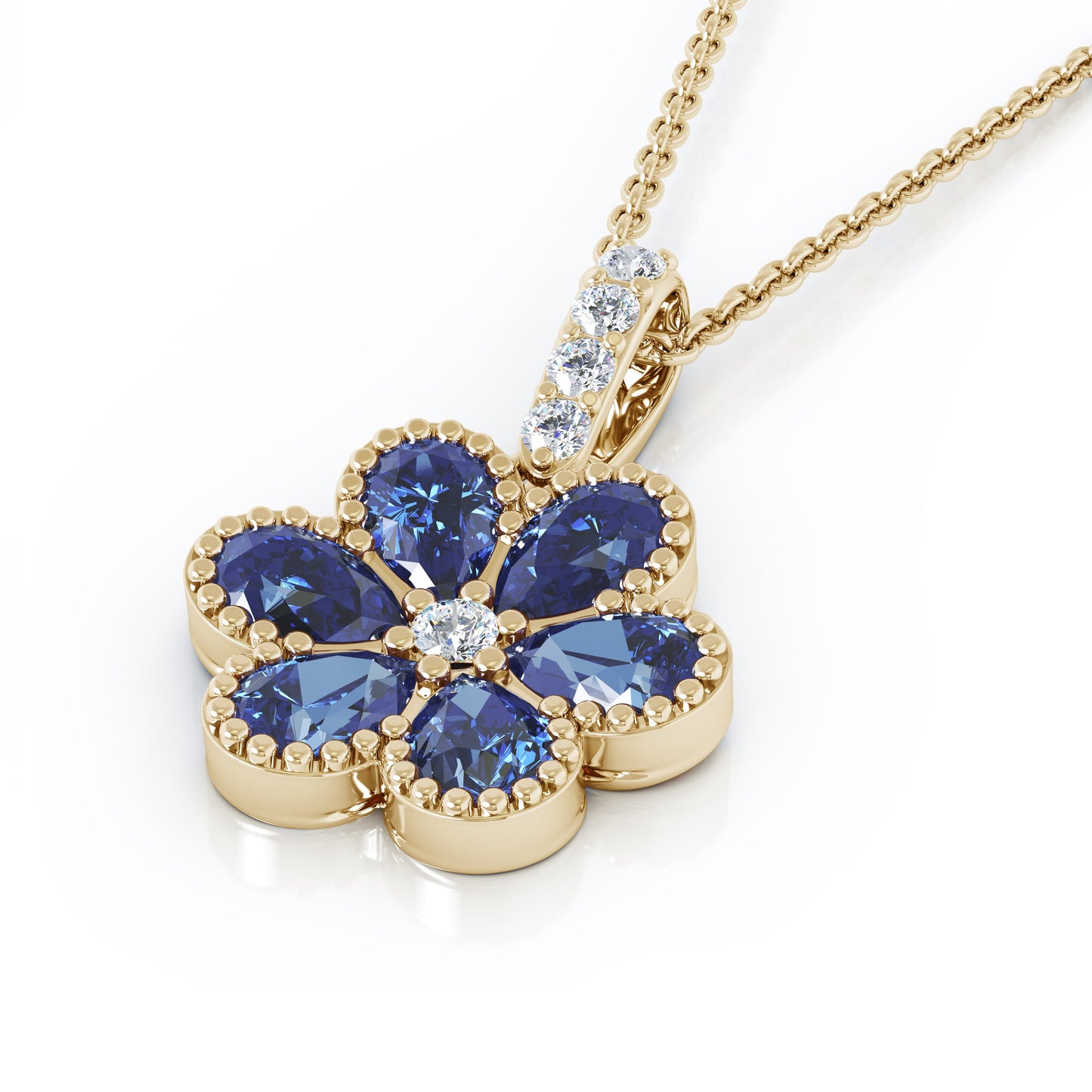 14K Gold Gemstone & Diamond Flower Pendant, 18" Gold Chain