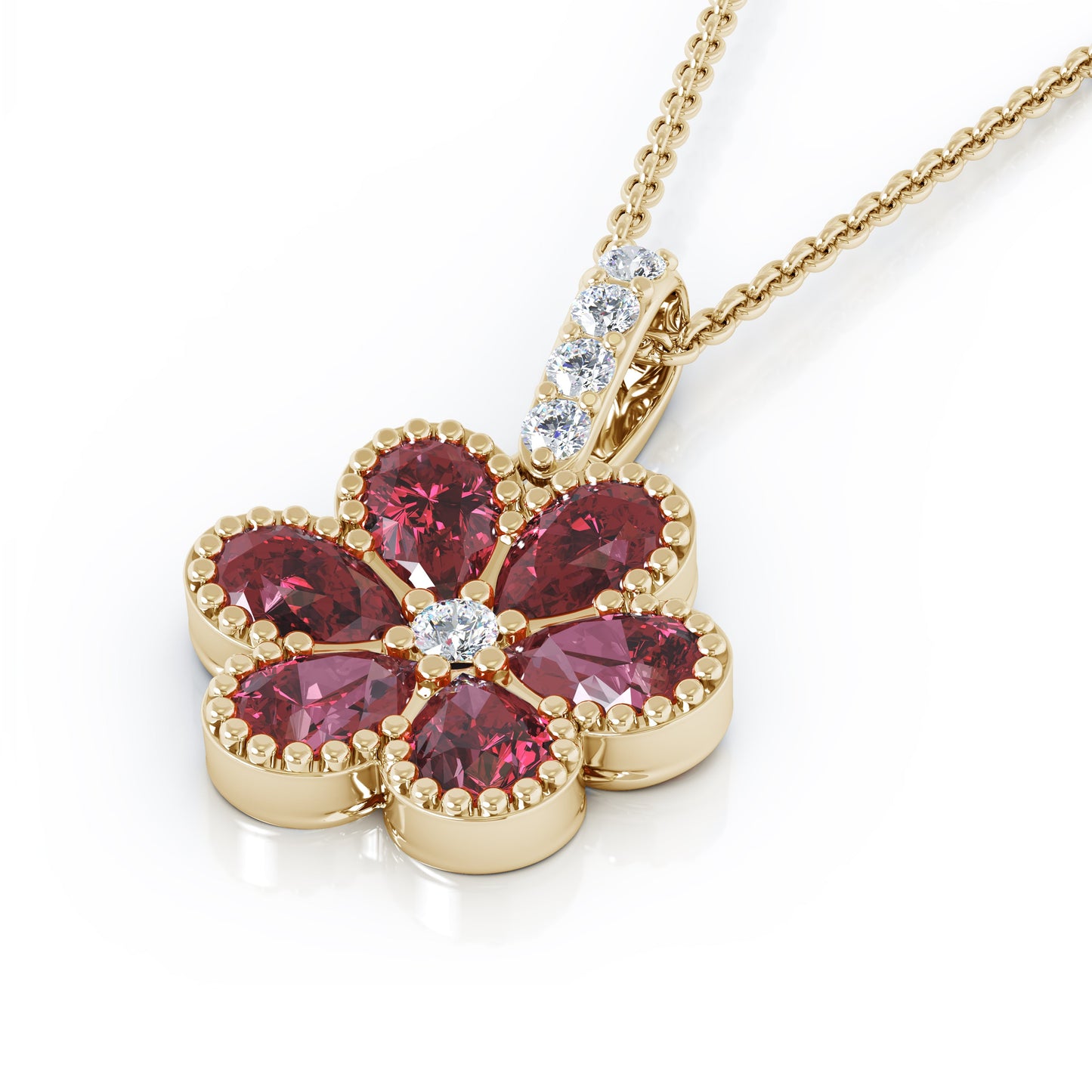 14K Gold Gemstone & Diamond Flower Pendant, 18" Gold Chain