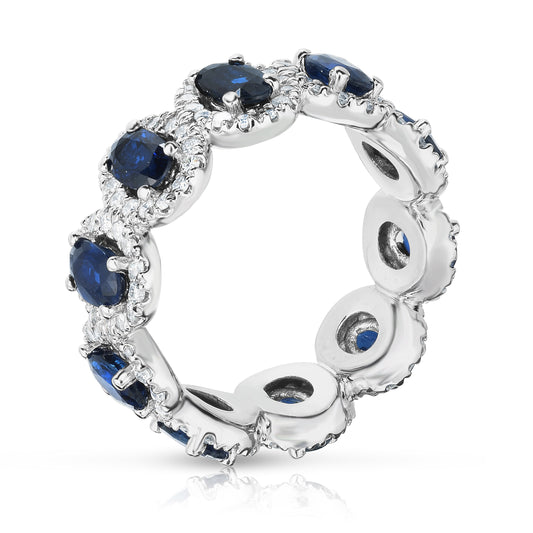 Oval Blue Sapphire & 0.90Ct Diamond Eternity Wedding Ring in 14K White Gold