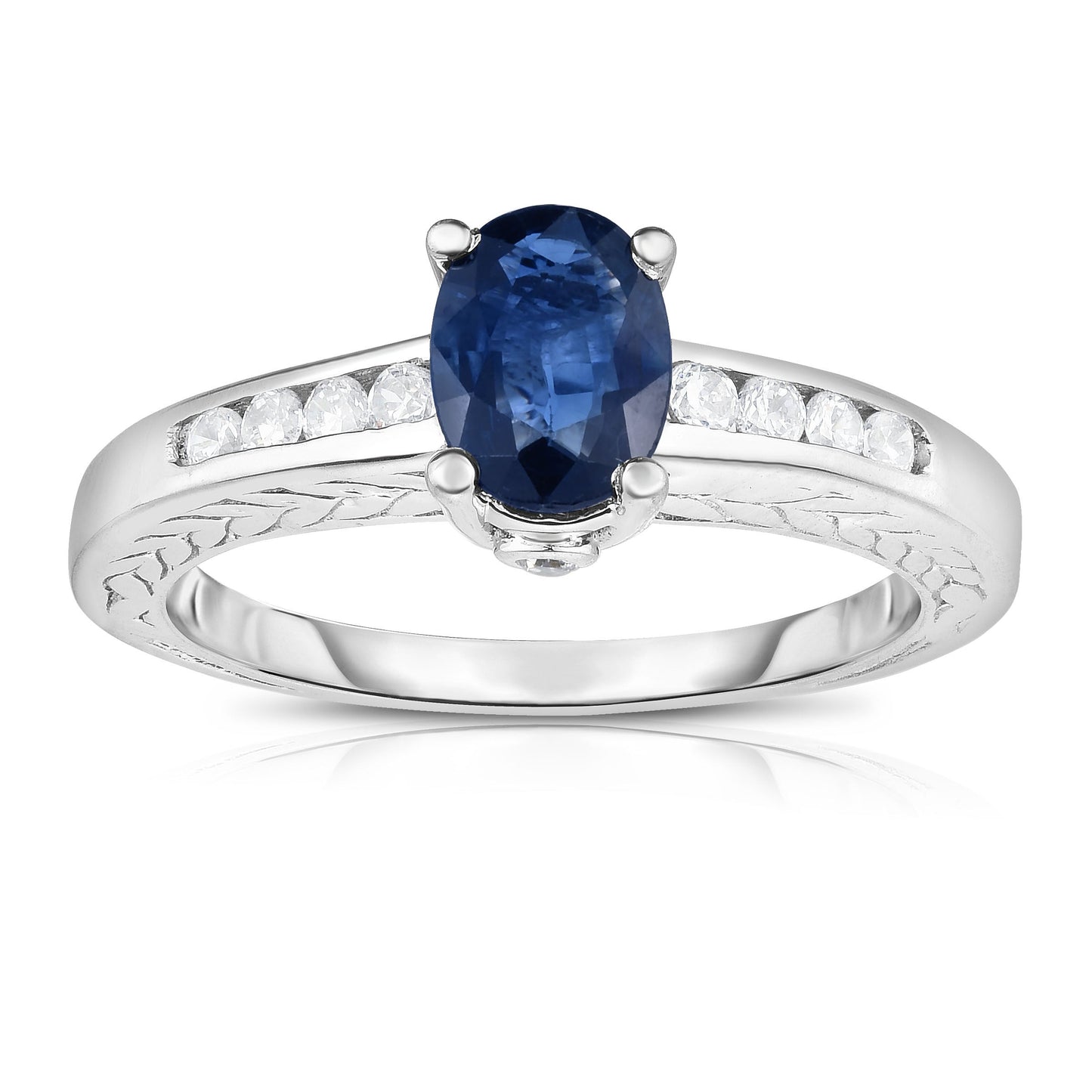 Oval Blue Sapphire & 0.20Ct Diamond Ring in 14K White Gold