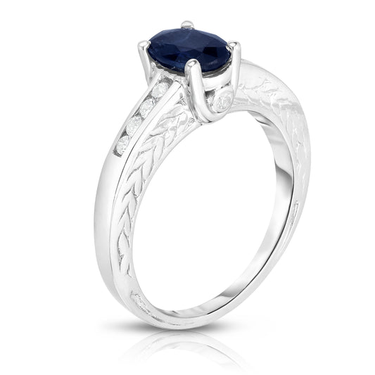 Oval Blue Sapphire & 0.20Ct Diamond Ring in 14K White Gold