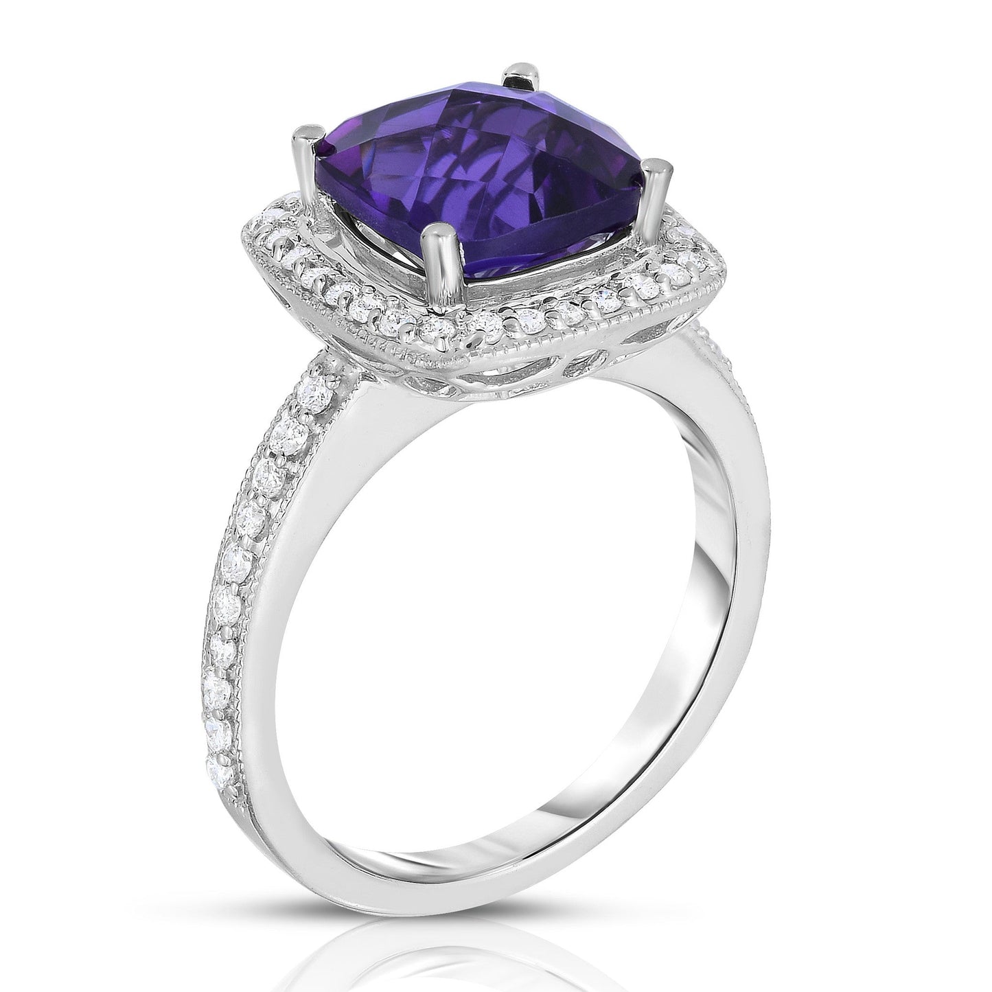 Cushion Gemstone & 0.40Ct Diamond Milligrain Ring in 14K Gold