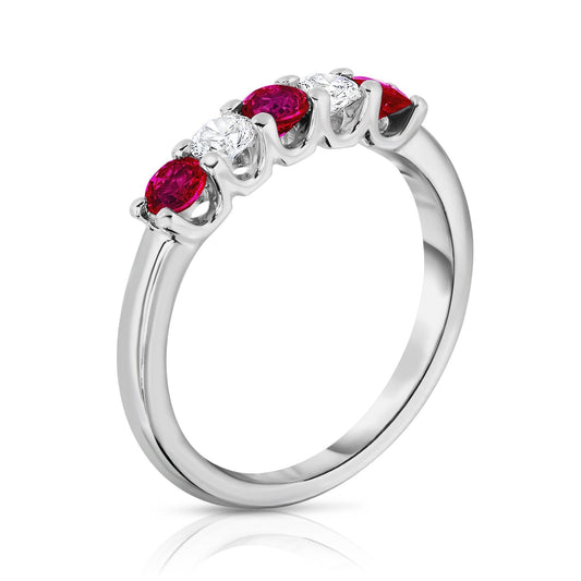 5-Stone Ruby & 0.25Ct Diamond Ring in 14K White Gold