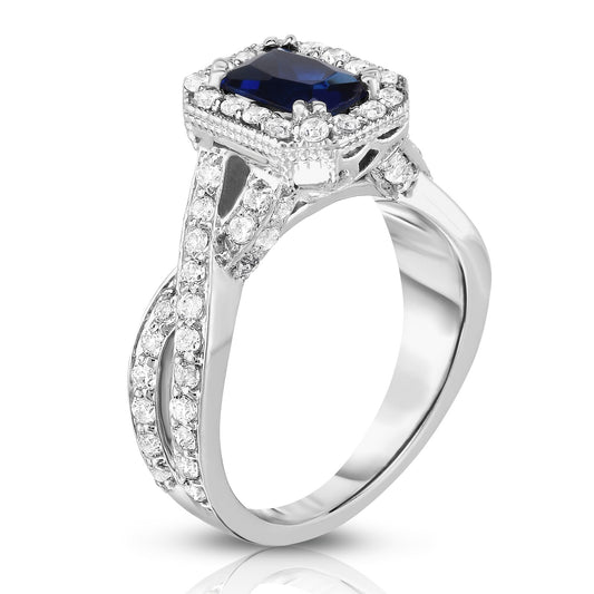 Blue Sapphire & 0.85Ct Diamond Braided Ring in 14K White Gold