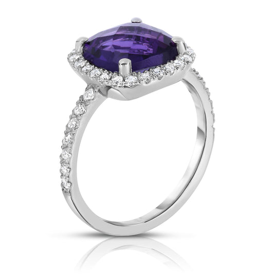 Cushion Amethyst & 0.45Ct Diamond Ring in 14K White Gold