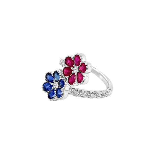 Double Flower Ruby, Sapphire & Diamond Ring in 14K Gold
