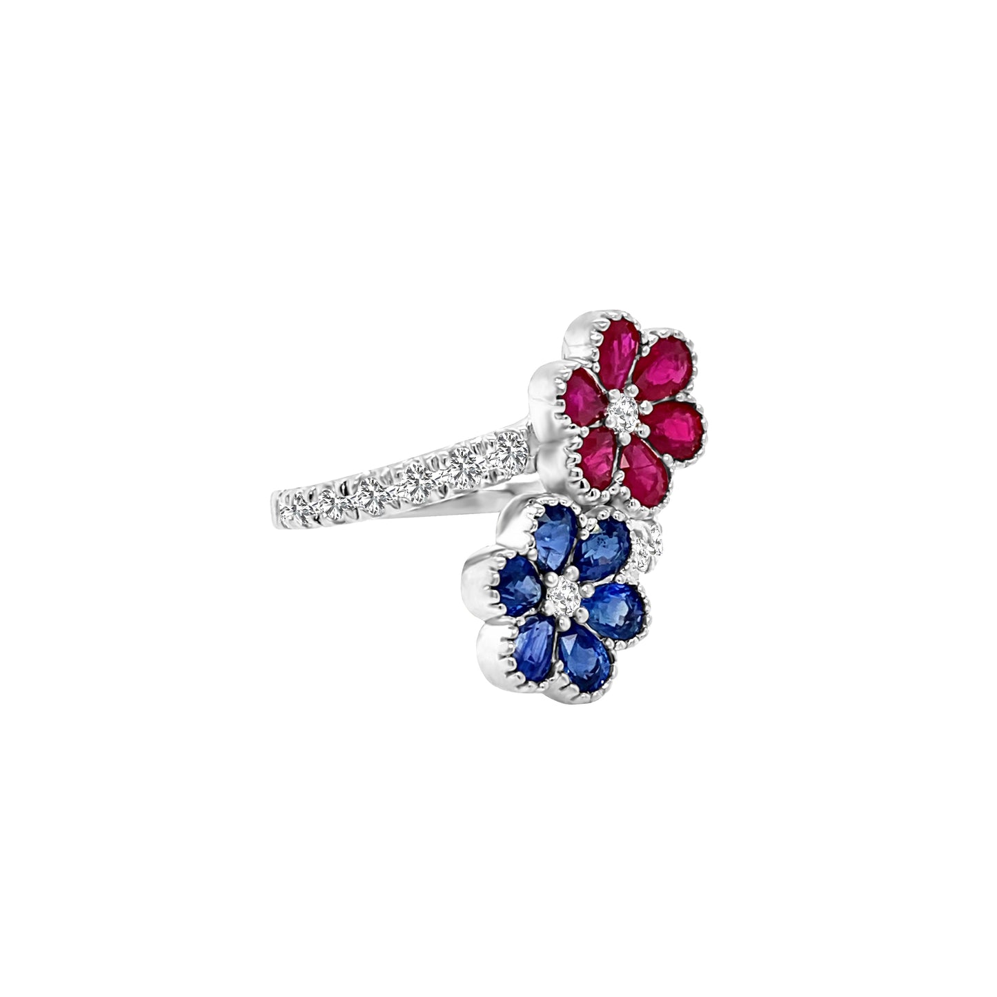 Double Flower Ruby, Sapphire & Diamond Ring in 14K Gold