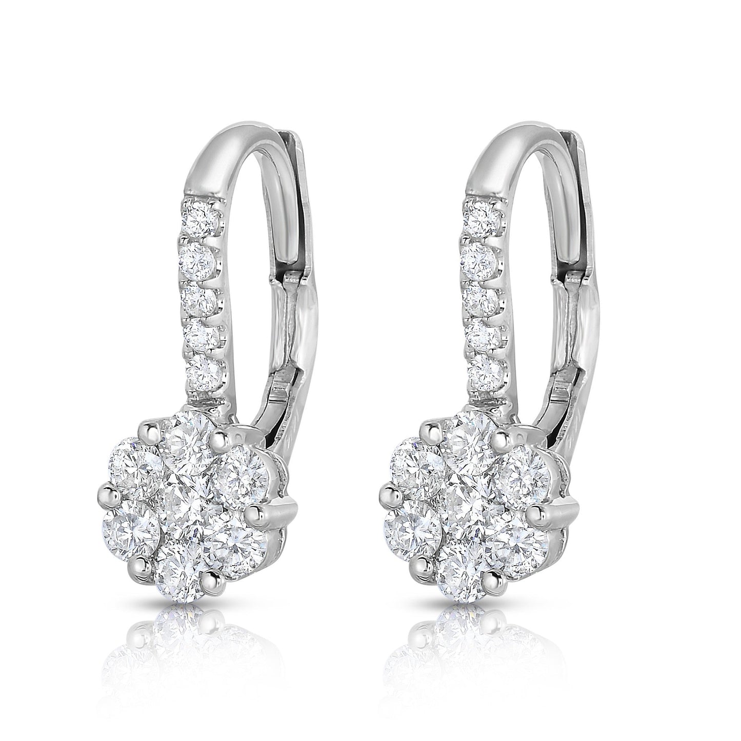 0.90Ct Diamond Cluster Leverback Earrings in 14K White Gold