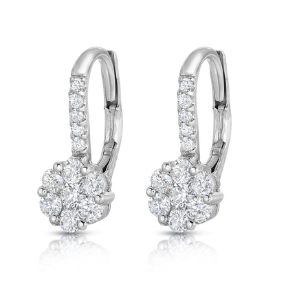 0.90Ct Diamond Cluster Leverback Earrings in 14K White Gold
