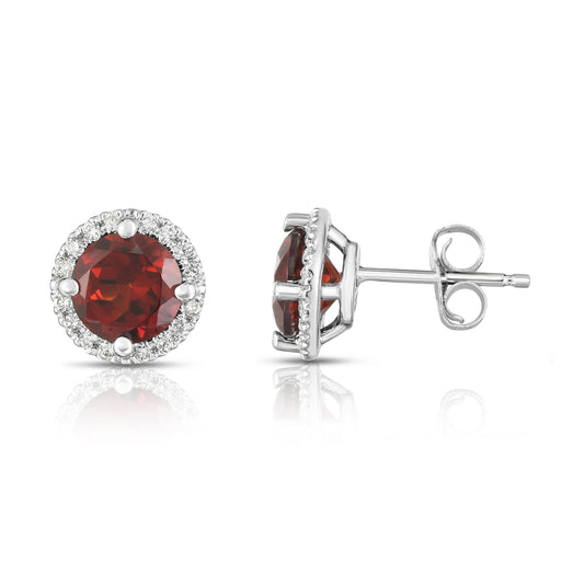 Gemstone & 0.17Ct Diamond Halo Stud Earrings in 14K White Gold