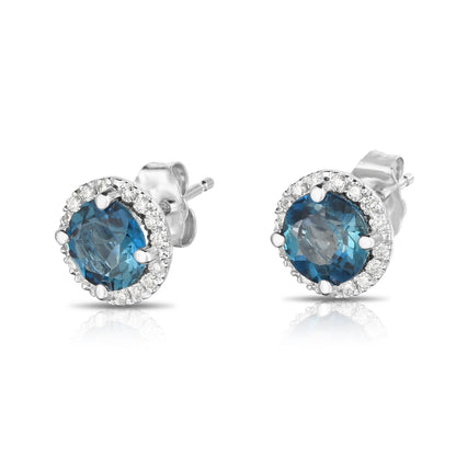 Gemstone & 0.17Ct Diamond Halo Stud Earrings in 14K White Gold