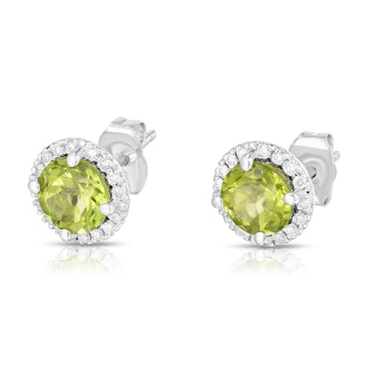 Gemstone & 0.17Ct Diamond Halo Stud Earrings in 14K White Gold