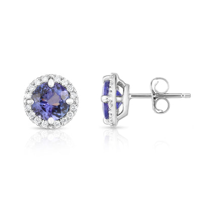 Gemstone & 0.17Ct Diamond Halo Stud Earrings in 14K White Gold