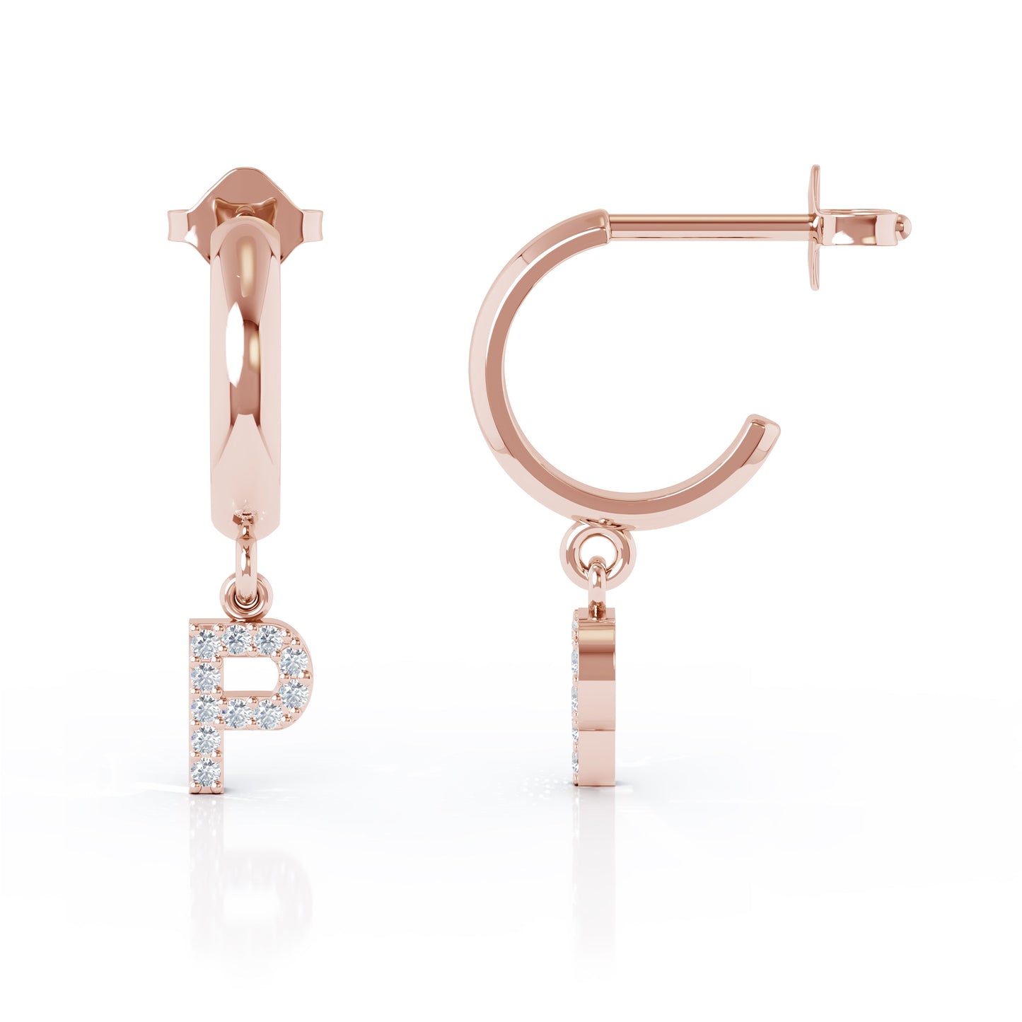 Diamond Alphabet Initial Charm Huggie Earrings Sold As Half Pair in 14K Gold