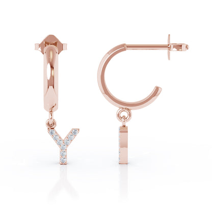 Diamond Alphabet Initial Charm Huggie Earrings Sold As Half Pair in 14K Gold