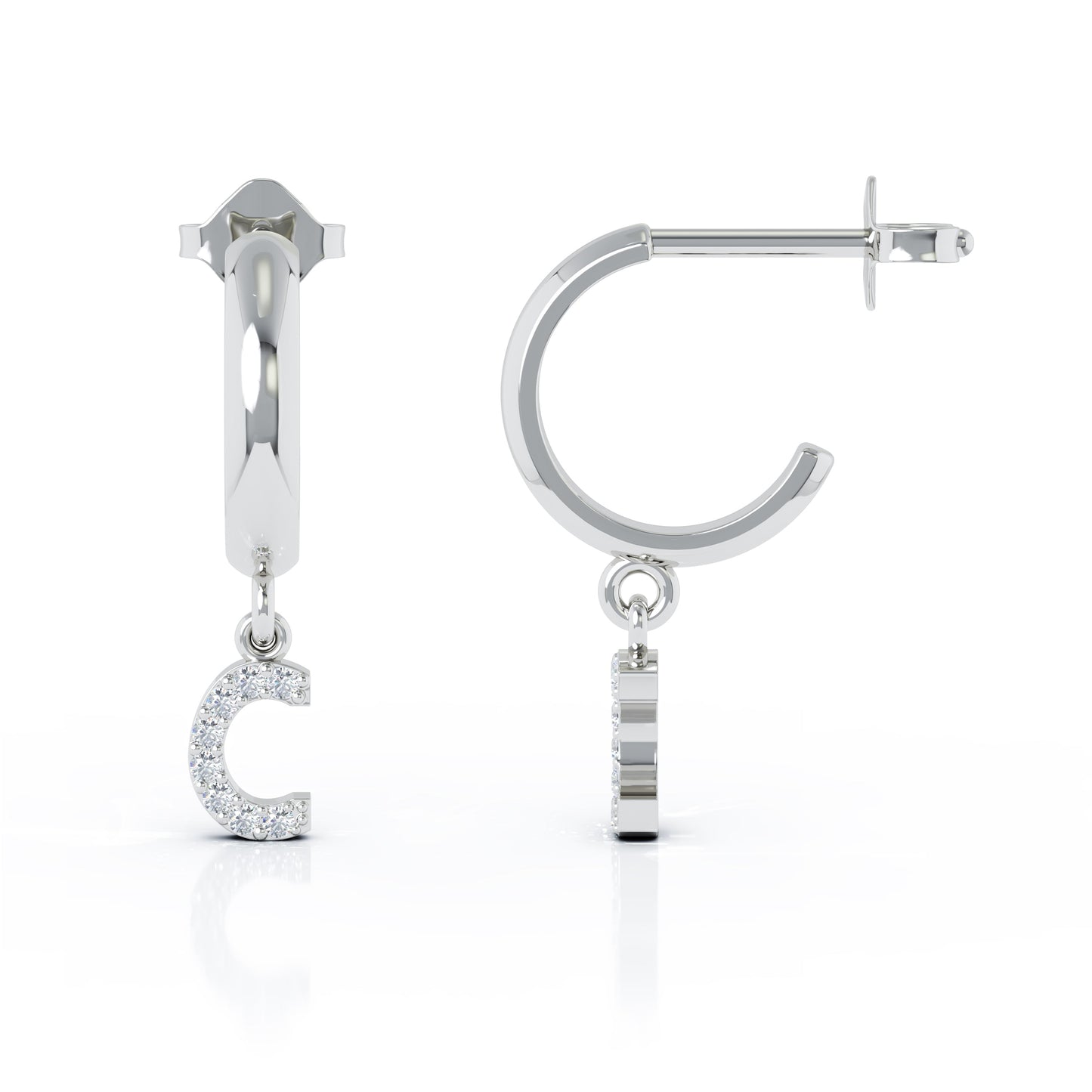 Diamond Alphabet Initial Charm Huggie Earrings Sold As Half Pair in 14K Gold