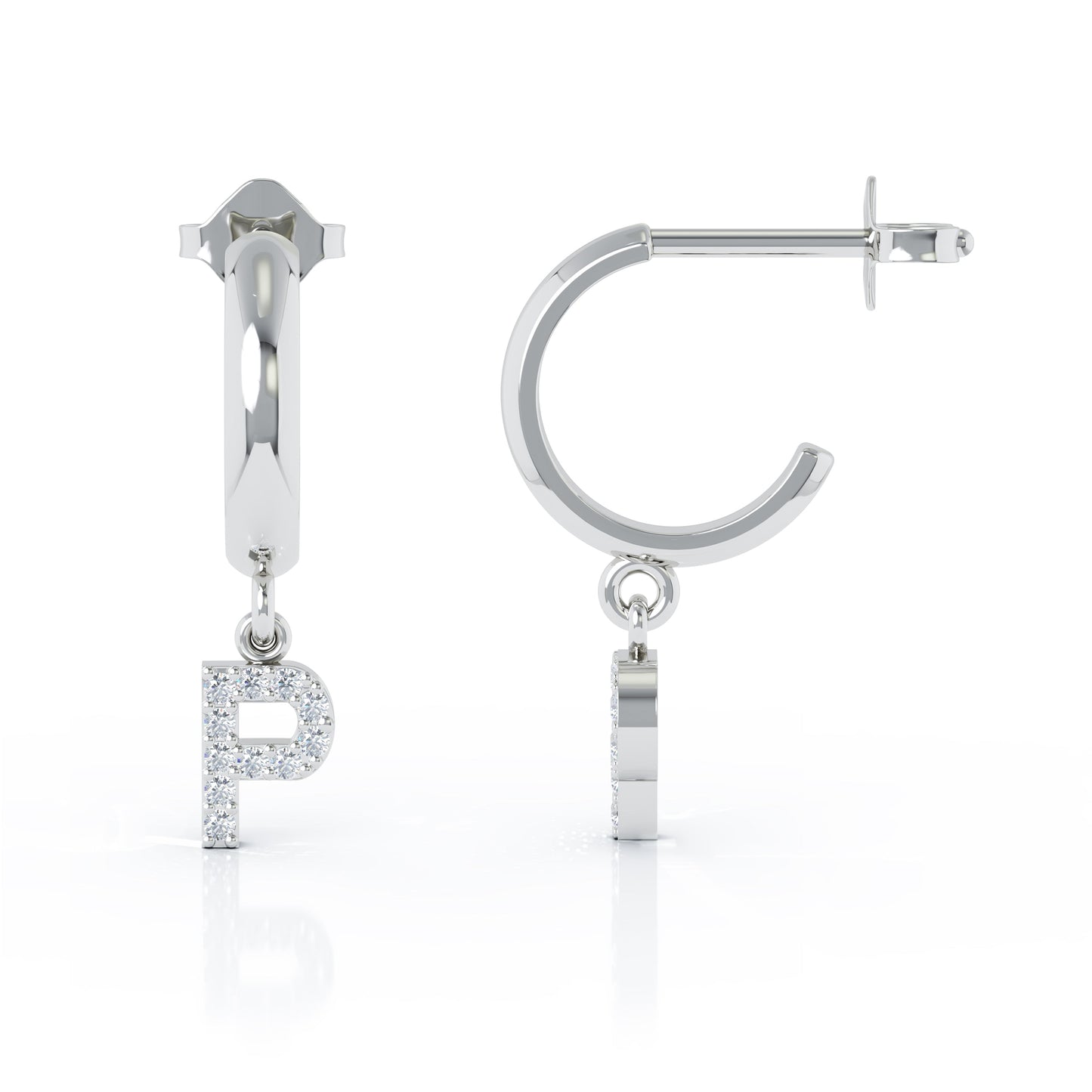 Diamond Alphabet Initial Charm Huggie Earrings Sold As Half Pair in 14K Gold