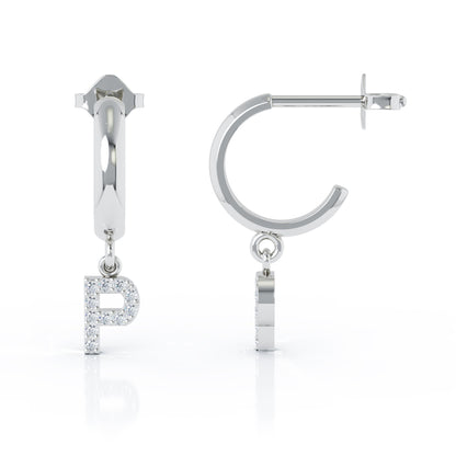 Diamond Alphabet Initial Charm Huggie Earrings Sold As Half Pair in 14K Gold