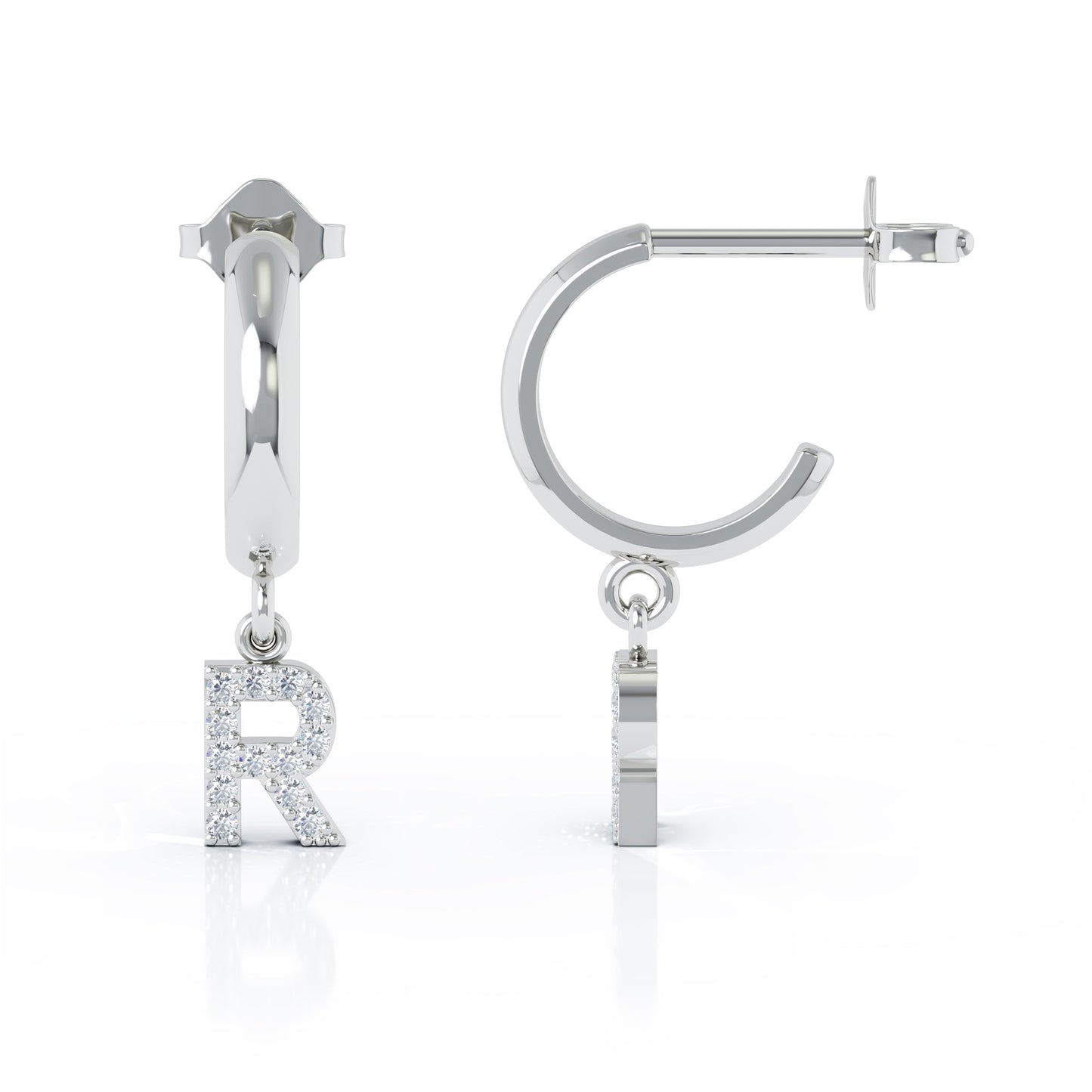 Diamond Alphabet Initial Charm Huggie Earrings Sold As Half Pair in 14K Gold