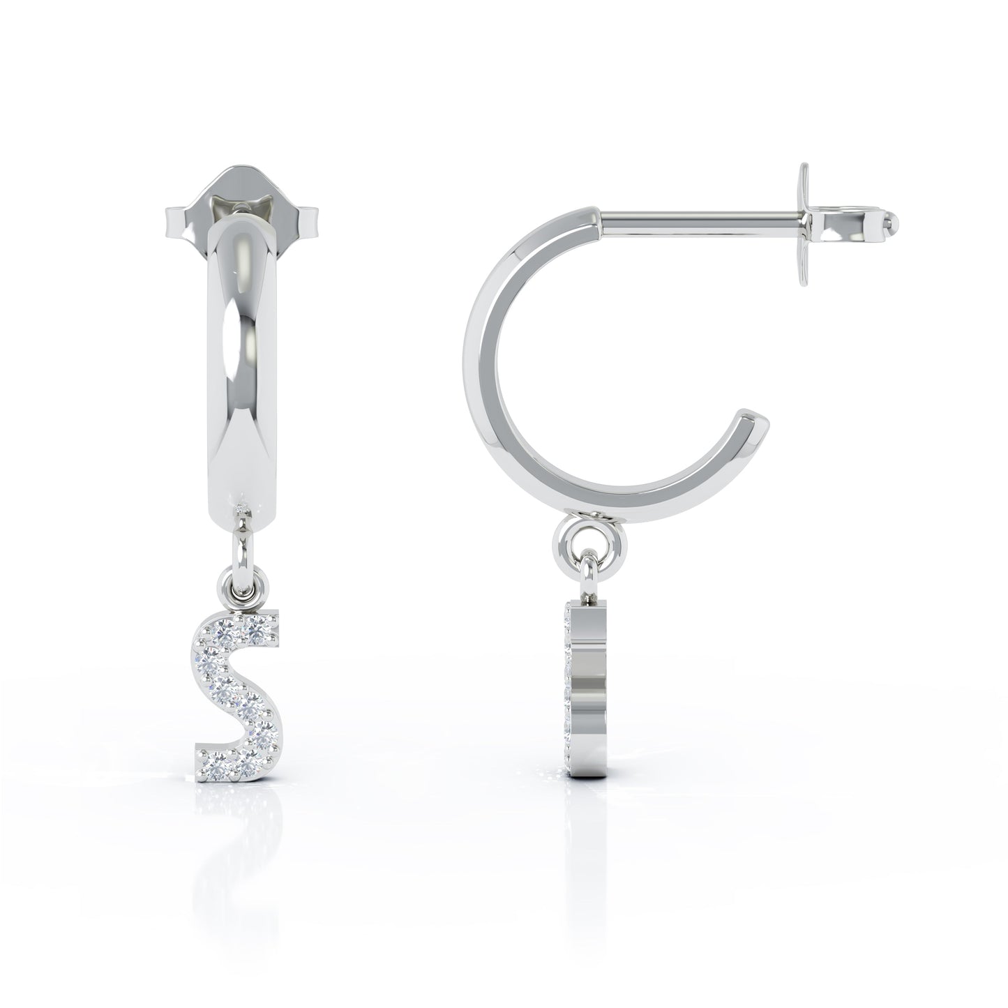 Diamond Alphabet Initial Charm Huggie Earrings Sold As Half Pair in 14K Gold