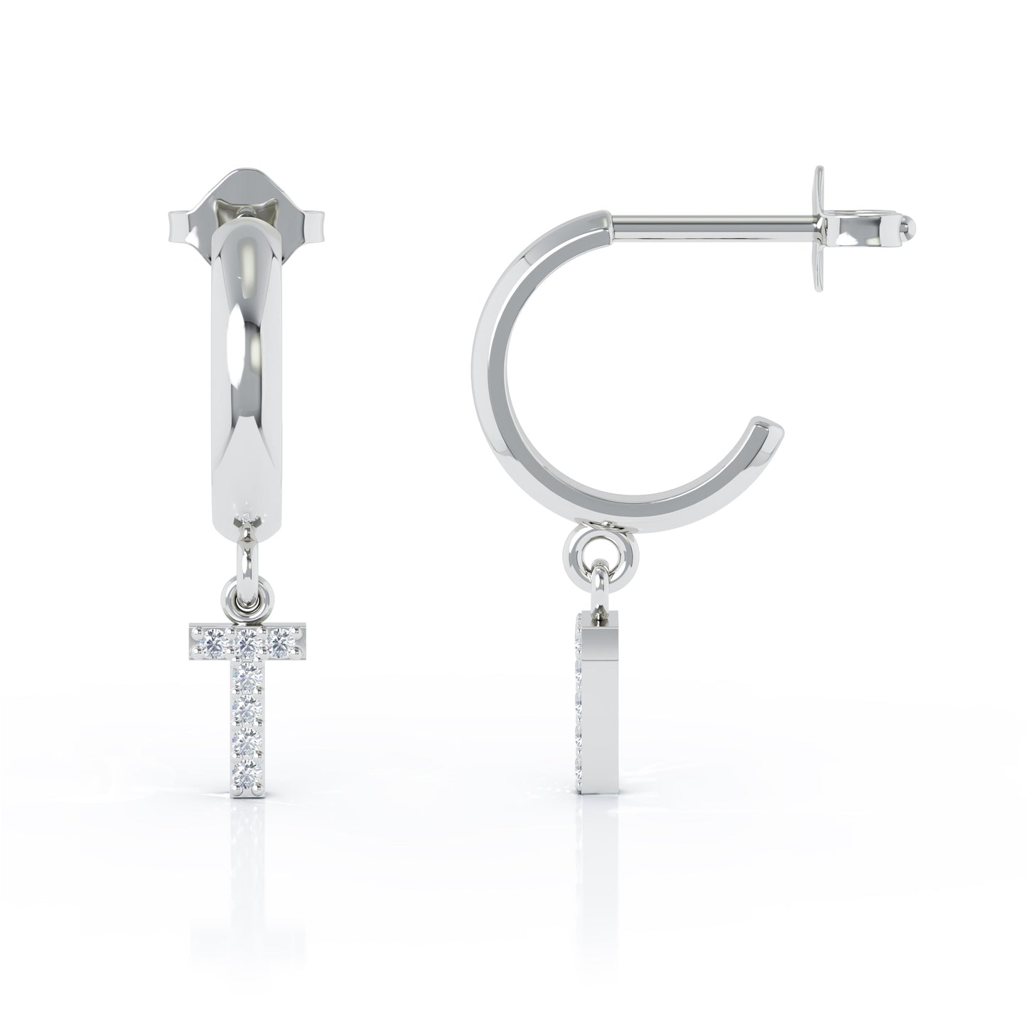 Diamond Alphabet Initial Charm Huggie Earrings Sold As Half Pair in 14K Gold