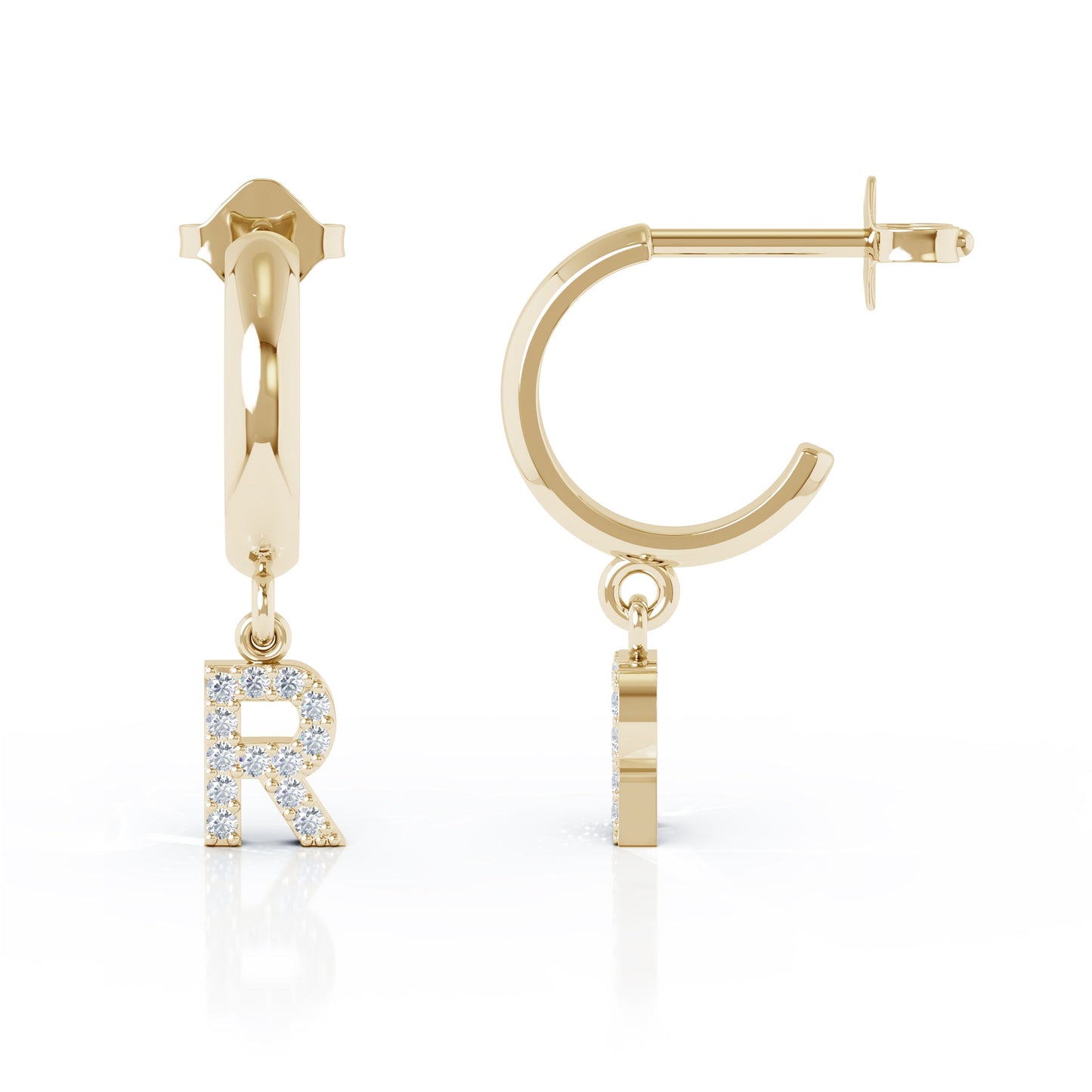 Diamond Alphabet Initial Charm Huggie Earrings Sold As Half Pair in 14K Gold