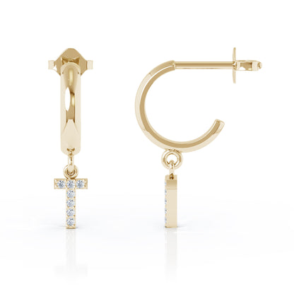 Diamond Alphabet Initial Charm Huggie Earrings Sold As Half Pair in 14K Gold