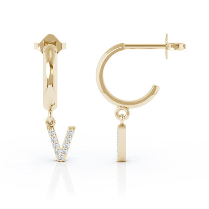 Diamond Alphabet Initial Charm Huggie Earrings Sold As Half Pair in 14K Gold