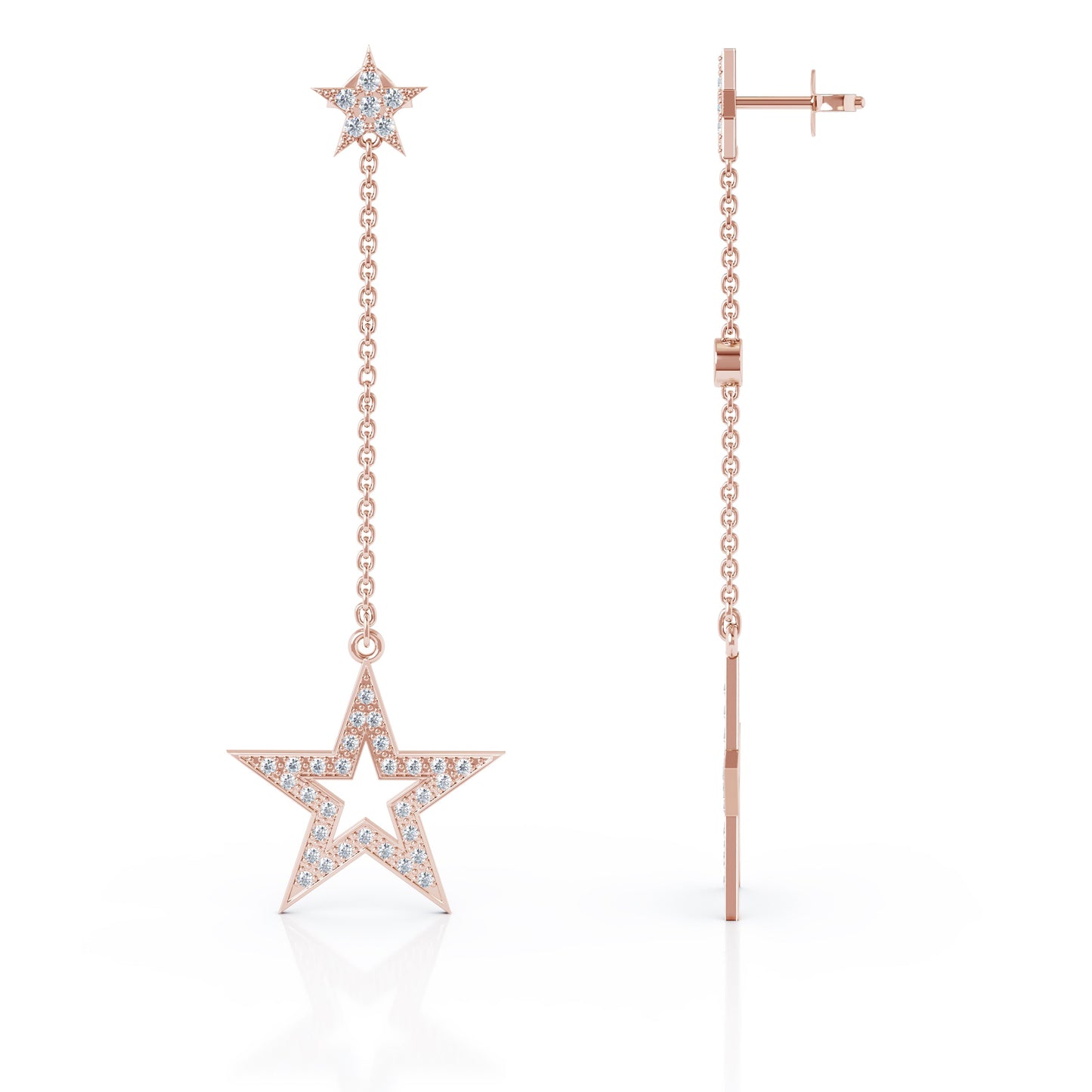 0.75Ct Diamond Star Mismatched Drop Chain Earrings in 14K Gold