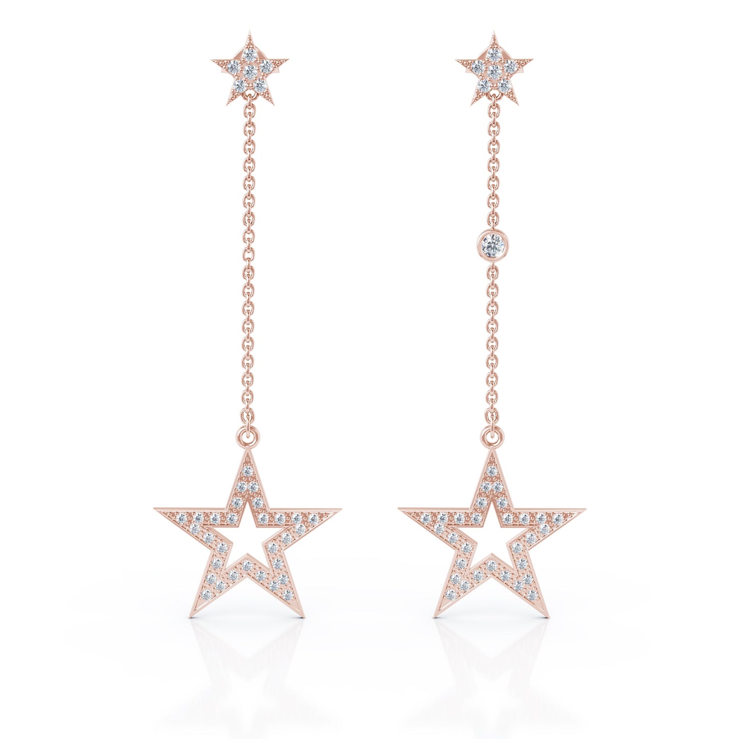 0.75Ct Diamond Star Mismatched Drop Chain Earrings in 14K Gold