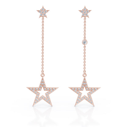 0.75Ct Diamond Star Mismatched Drop Chain Earrings in 14K Gold
