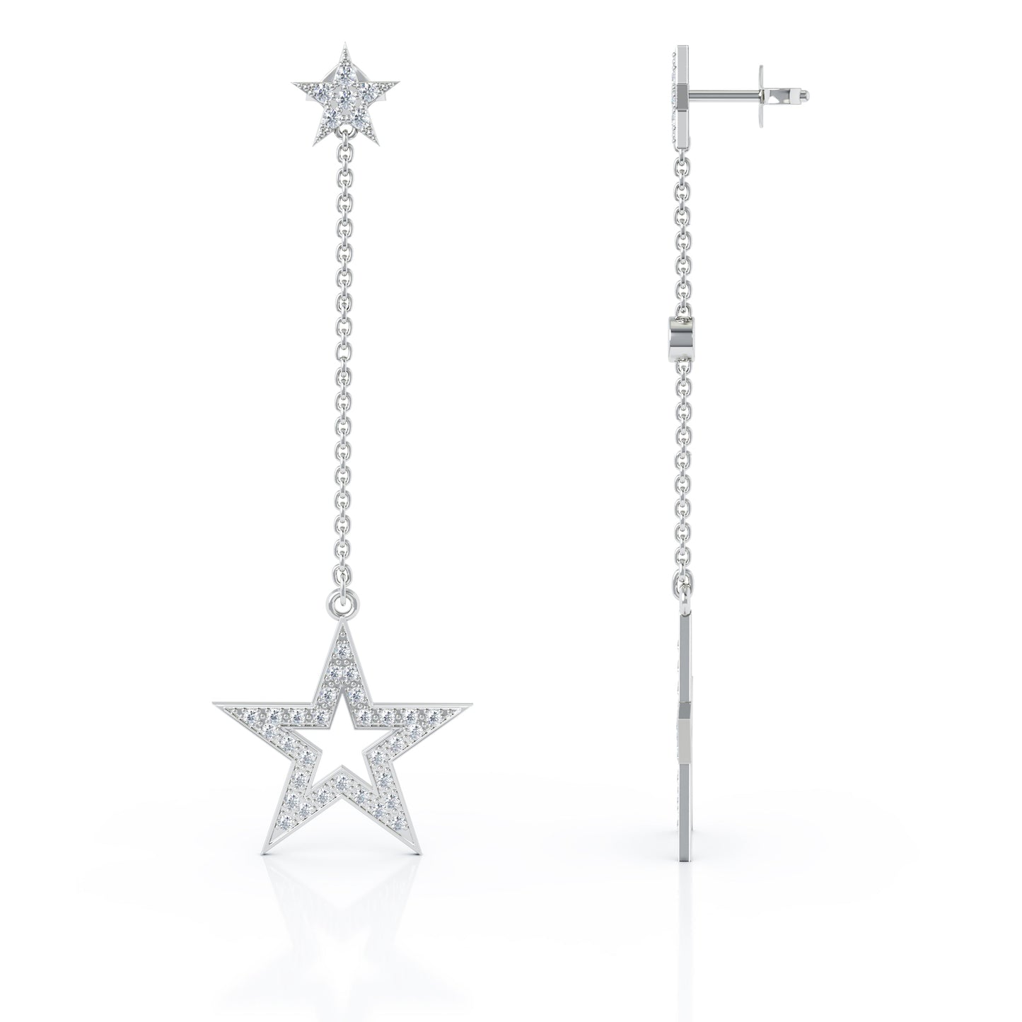 0.75Ct Diamond Star Mismatched Drop Chain Earrings in 14K Gold