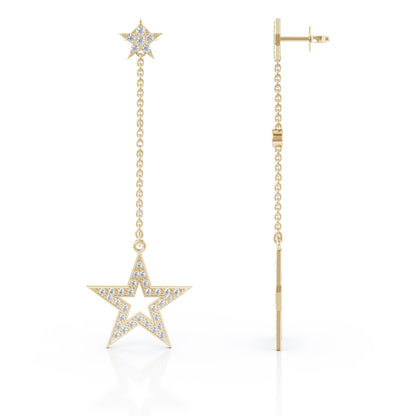 0.75Ct Diamond Star Mismatched Drop Chain Earrings in 14K Gold