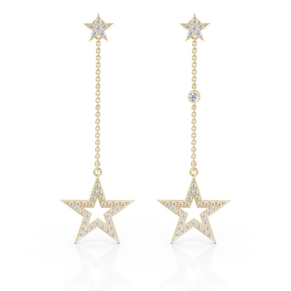 0.75Ct Diamond Star Mismatched Drop Chain Earrings in 14K Gold